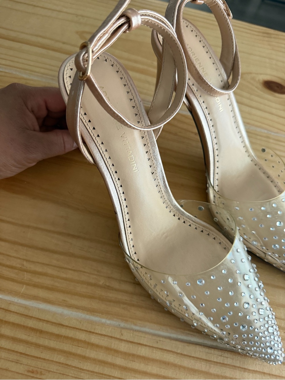 Clear Nude Pointed-Toe Ankle-Strap Heels with Crystals